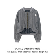 DDNX弧形下摆短款牛仔外套2023春秋宽松显瘦小众设计拉链上衣