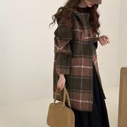 韩国东大门原创设计师冬复古格子羊绒外套连帽款文艺气质大衣