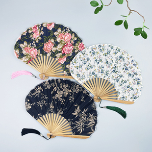 扇子折扇中国风棉布贝壳扇旗袍，扇子女式古风创意扇夏季便携小扇