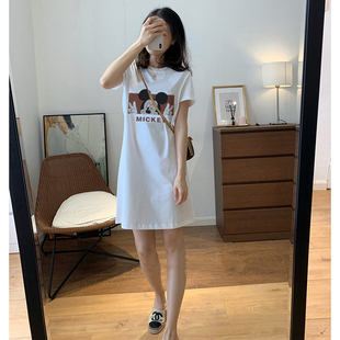 白色长裙连衣短裙慵懒风，夏季设计感圆领，显瘦中长款纯棉短袖t恤女