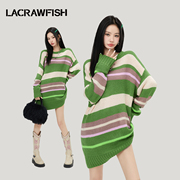 LA CRAWFISH韩系复古慵懒风学院宽松圆领套头条纹长款毛衣女