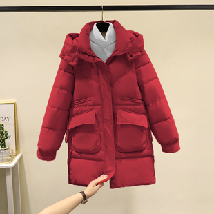 酒红色羽绒棉服，女中长款韩版冬季宽松棉衣加厚小个子棉袄外套