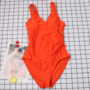 出口外单时尚(单时尚)女士，连体泳衣桔红色纯色显瘦成人，连身游泳衣气质泳装