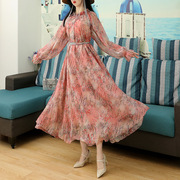 新中式连衣裙海边度假夏季超仙裙子大码显瘦长袖大摆雪纺碎花长裙