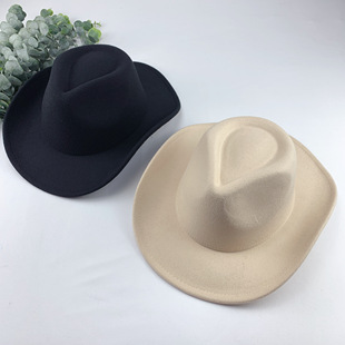 西部牛仔礼帽卷檐复古骑马帽子，男女毛呢毡帽，爵士帽子遮阳帽