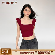 FUNOFF 夏至热恋#红色方领小飞袖吊带上衣辣妹修身露脐无袖背心女