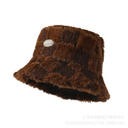 日系羊羔绒格纹渔夫帽，女秋冬加厚保暖网红盆帽子，字母水桶帽显