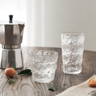 日本同款荒系列石纹玻璃杯子洋酒杯，水茶杯家用冰岩纹磨砂日式刻花