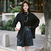 dau设计师拼皮慵懒风，衬衫2023女秋季高级气质黑色长袖上衣
