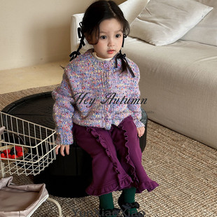 女童秋季小众加厚紫色毛衣外套甜美气质木耳边韩版喇叭裤套装