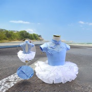 夏季儿童舞蹈服中国舞，民族风练功服复古蓝色，练舞服女童芭蕾舞裙