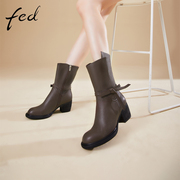 fed骑士靴冬季靴子，百搭黑色瘦瘦靴牛皮，粗跟短靴女1126-zf511
