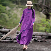 赫轩原著亚麻紫色裙子春装连衣裙中国风仙女裙棉麻春天薄款长裙
