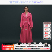 ssavage时尚玫红毛呢蝴蝶结，扣大衣外套，长款女chenshop设计师品牌