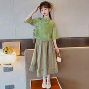 女童汉服套装裙2024夏装，中国风唐装，旗袍改良小女孩时尚复古裙