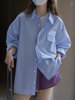 高端轻奢时装款~蓝色细格纹衬衫女设计Polo领慵懒风宽松衬衣外套