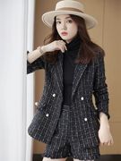 黑色格子小裤西装外套，女款套装秋季新韩版时尚，休闲小西服短两件套