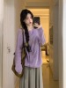 2024春装紫色长袖薄款宽松针织衫毛衣圆领套头，女韩系休闲上衣