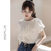 实价荷叶边短袖t恤女夏韩版2024设计感小众白色独特别致上衣