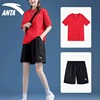 安踏运动套装女生，夏季速干红色跑步服女装，短袖短裤两件套