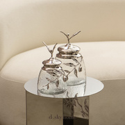 迪斯凯印度进口欧式轻奢高档金色银色枝叶装饰储物玻璃罐摆件