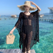 夏针织(夏针织)镂空罩衫沙滩裙大码宽松防晒衣，沙滩外套女海边度假