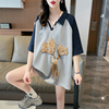翻领短袖t恤女夏装韩版宽松大码中长款小众设计感撞色v领上衣服