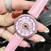 蒂米妮镶钻粉红色会皮带士手表，女时尚圆形石英真皮玫瑰国产腕表
