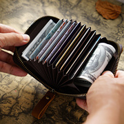 疯马皮加厚风琴卡片包家用(包家用)卡包防盗刷rfid牛皮复古大容量11个卡位