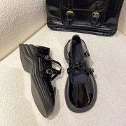 银色玛丽珍鞋子女2024新款秋季松糕厚底蝴蝶结交叉带配裙子小皮鞋