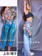 泰国流苏毛线钩花针织上衣波西米亚半身网裙海边度假罩衫夏民族风