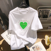 烫钻字母短袖T恤女夏2023宽松绿色印花爱心设计感白色上衣潮t