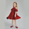 女童连衣裙夏季2024红色洋气法式露肩泡泡袖公主裙小女孩童装