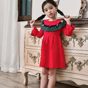 女童时尚连衣裙秋冬款长袖红色，针织喇叭袖拼色领子儿童毛衣公主裙