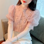 香港TIMO雪纺衬衫女夏季2023气质E蕾丝泡泡袖上衣时尚洋气短袖小