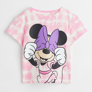 女童粉红色迷彩短袖T恤宝宝卡通鼠上衣儿童纯棉夏装婴儿洋气半袖T