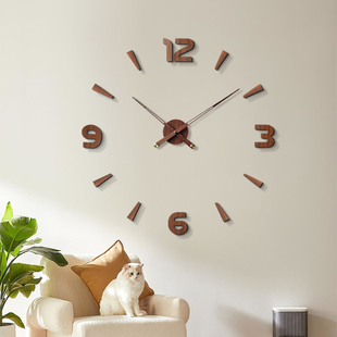 胡桃木数字时钟表复古简约客厅，挂钟中式木纹墙贴壁钟diy静音钟表
