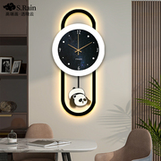创意熊猫餐厅装饰画时钟LED灯钟表2023简约现代客厅时钟挂画