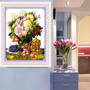 纯手工绣好的十字绣成品群英荟萃玫瑰花瓶水果餐厅欧式竖版挂画