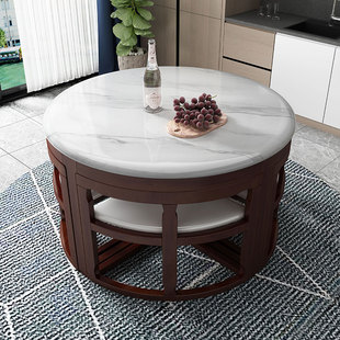 大理石餐桌椅简约现代小户型实木家用省空间圆形形隐藏式4人饭桌
