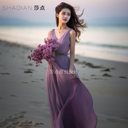 紫色无袖连衣裙夏季女装显瘦茶歇法式气质温柔仙女绝美海边沙滩裙