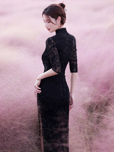 黑色蕾丝旗袍年轻款，少女气质中袖改良版高端复古中国风长款连衣裙