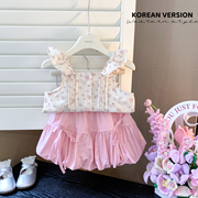 韩国童装2024夏季女童韩版甜美碎花飞飞袖背心花苞裙二件套装