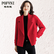 红色双面羊毛大衣女短款2023年高端潮时尚，零羊绒毛呢外套西装