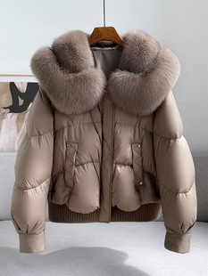 高端时尚欧货款超大狐狸毛领皮草羽绒服，女2023冬季新短款保暖外套