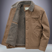 工装外套男秋冬季宽松大码加绒加厚棉衣，毛领大口袋羊羔绒夹克