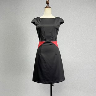 品牌折扣黑色短袖连衣裙女弹力修身性感黑红拼色飞飞袖包臀裙中裙