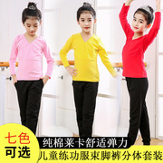 儿童练功服女童民族舞纯棉粉色黄色长袖V领衣萝卜裤分体表演套装