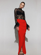 欧美性感黑色蕾丝拼接红色绷带裙小众，设计风年会聚会礼服长裙