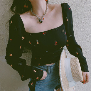 chenopod2024春夏法式复古黑色方领水果印花衬衫上衣，短款度假小衫